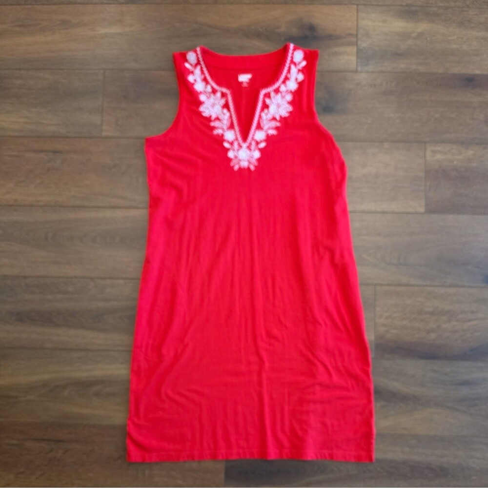 Lands End Cotton Jersey Swim Cover up M L 10-12 Pockets Embroidery Red Dress